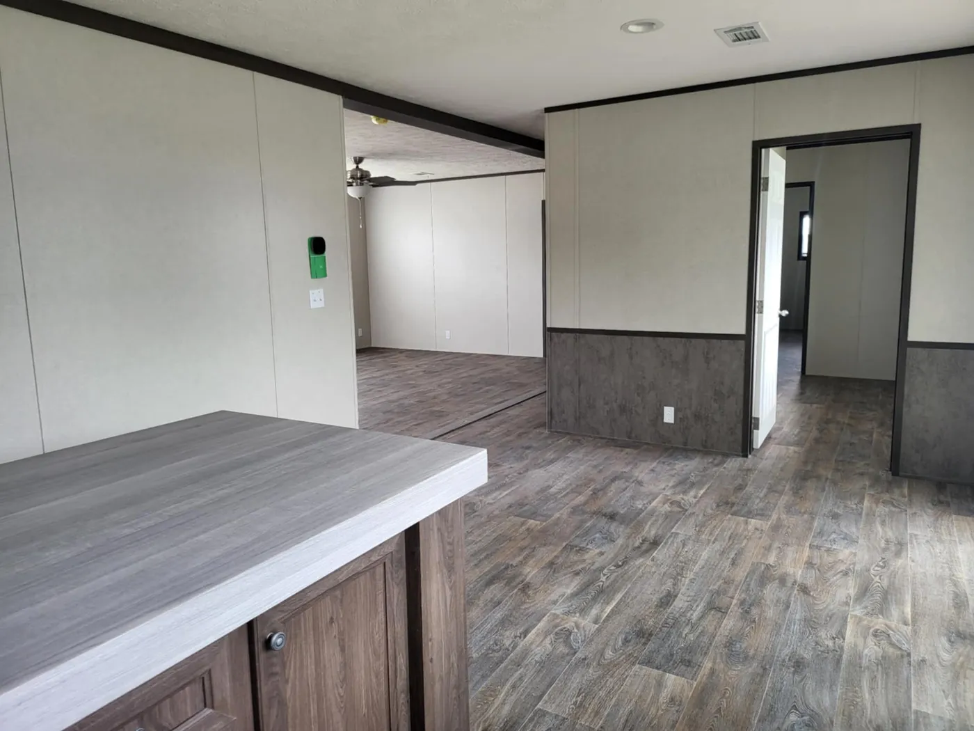 Kitchen leads into Living room