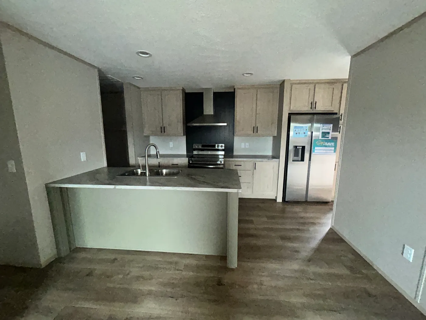 View of the kitchen from the living room. 