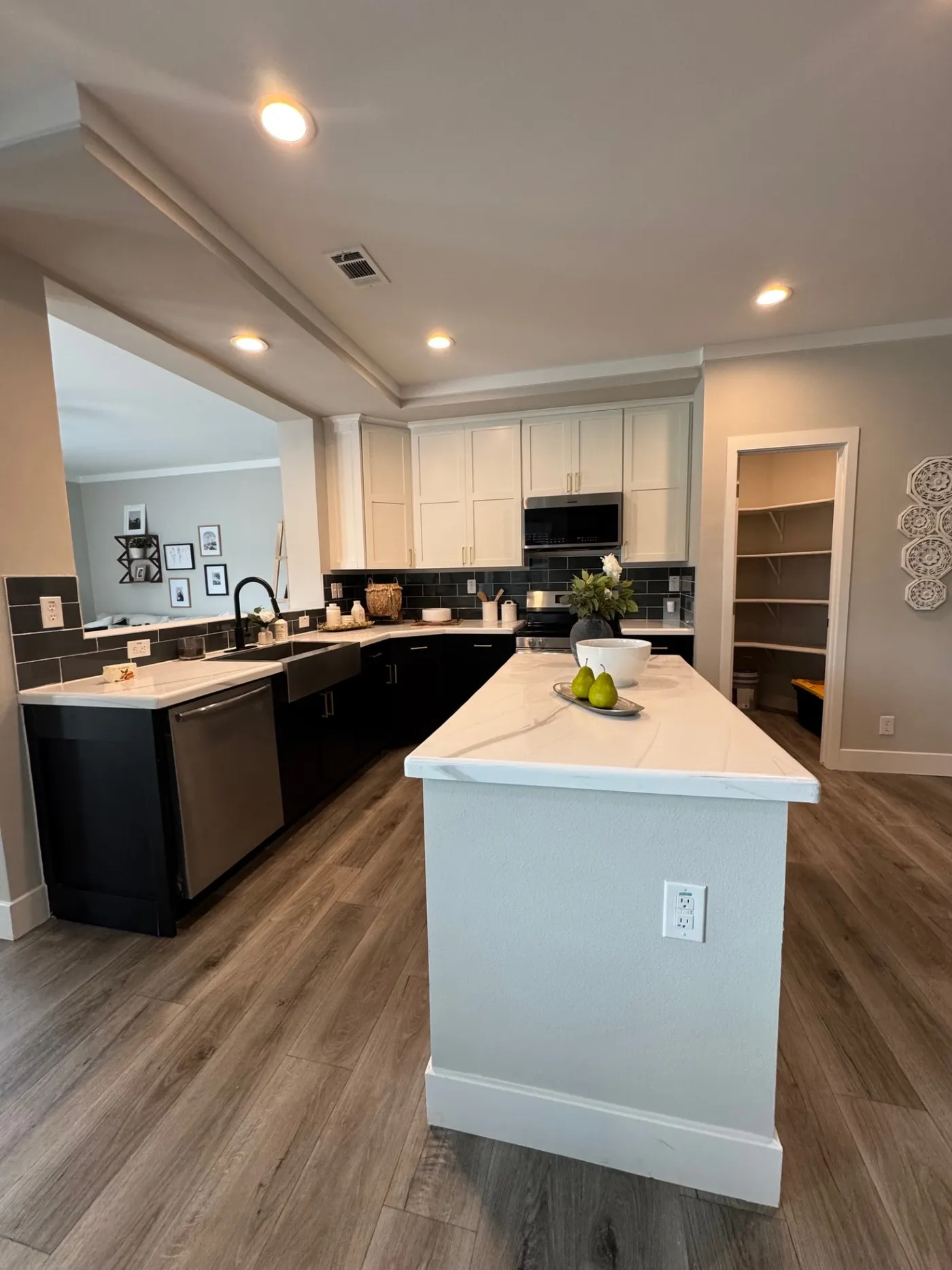 Large island, stainless steel farmhouse kitchen sink, stainless steel dishwasher, stove, and microwave. Lovely window looking into the secondary living area / flex room.